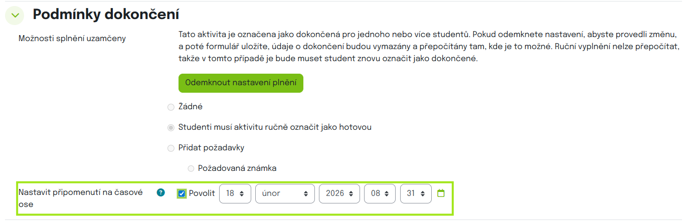 Nastavení bloku Postup plnění