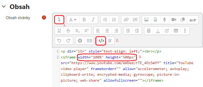 Vložení HTML kódu pro přiložení videa